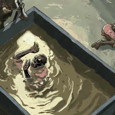 An illustration of the “Yordani”, a torture site within Nyarugenge and Rubavu prisons in Rwanda where detainees were forced into tanks of dirty water, submerged and beaten.