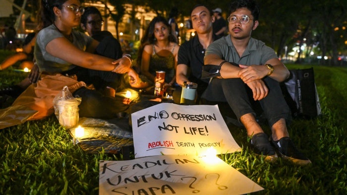 A vigil for Malaysian national Nagaenthran K. Dharmalingam, sentenced to death for trafficking heroin into Singapore, at Speakers’ Corner in Singapore, April 25, 2022.